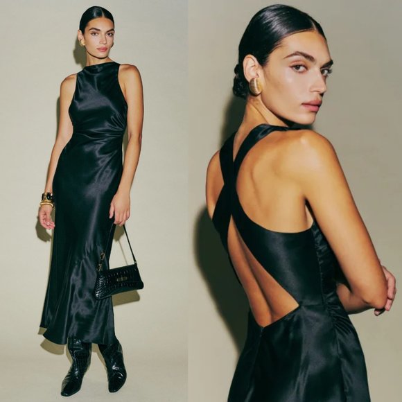Reformation Dresses & Skirts - NWT Reformation Casette Midi Silk Dress Sz 2 Black Cowl Neck Cut-out Open Back